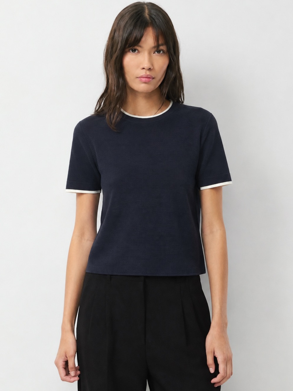 Mango Navy Short Sleeve Sweater Top Contrast Trim Size M NWT